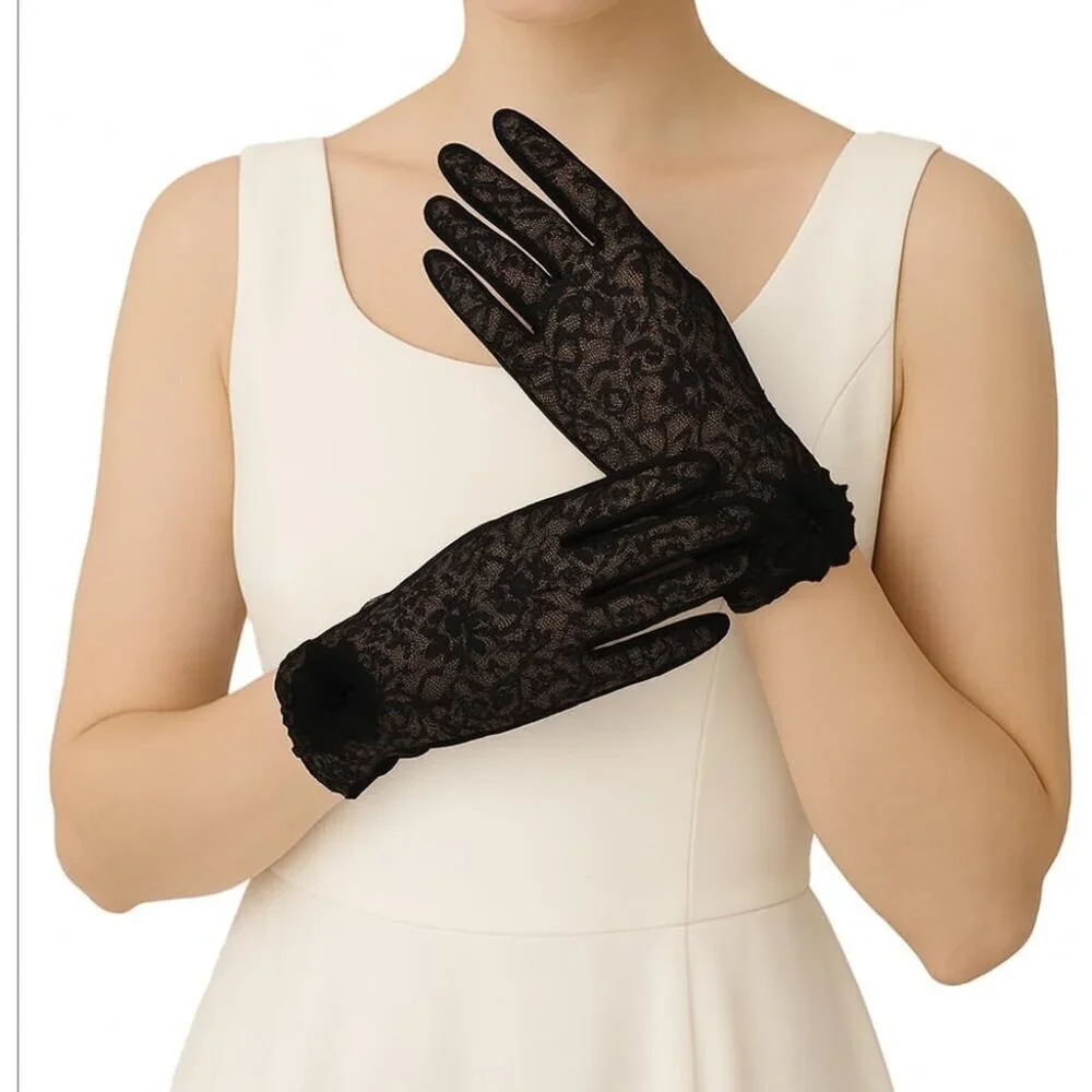 Women's Embroidery Black Short Lace Wrist Gloves Design Party Accessories